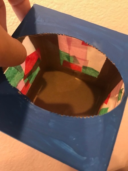 Kids DIY Cardboard Lantern - adding tissue paper to all sides