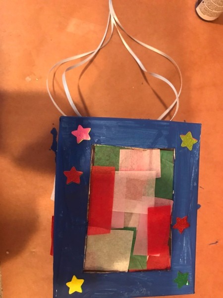 Kids DIY Cardboard Lantern - knot the 4 pieces of ribbon together at the top