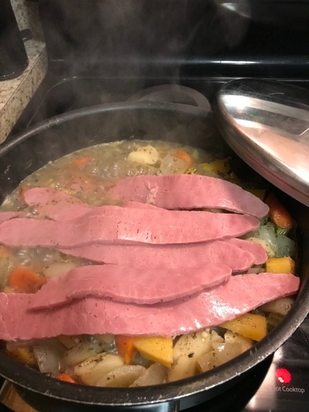 corned beef strips added to pan
