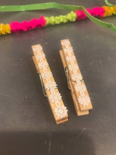 Hanging Memo Holder - flower ribbon glued to clothespins