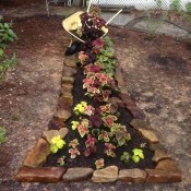 Spilling Wheelbarrow Garden Planter - rock lined narrow planter with a tipped yellow wheelbarrow cascading soil and coleus into the coleus planted bed