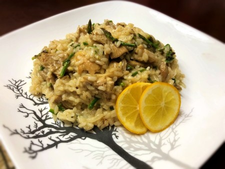 Homegrown Mushroom and Asparagus Risotto on plate