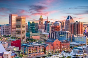 A skyline view of Baltimore, Maryland.