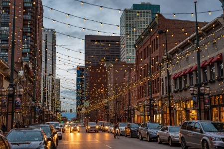 A scenic view of a street in Denver, CO.