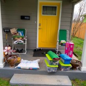 Groceries and supplies dropped off on the porch.