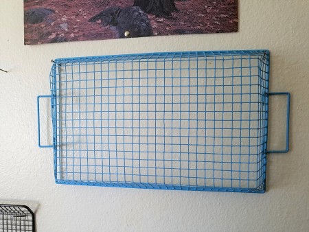 Hanging Necklaces Using Re-purposed Items - blue tray with handles bent to hang flush