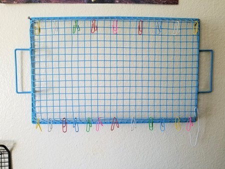 Hanging Necklaces Using Re-purposed Items - blue tray with nails to secure to wall and paperclips in place