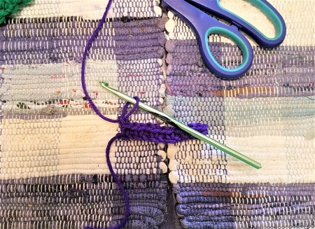 Blue Flew and the Bottle Top Kids!! - base chain and beginning of linen stitch in purple