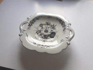 Identifying a Pedestal Serving Dish - black and white floral design dish with decorative handles