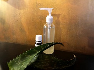 Aloe-Based Hand Sanitizer - aloe leaf, essential oil bottle, and a pump bottle