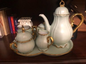 Identifying a Bavarian China Tea Service - a pale blue china tea set with gold trim.