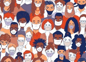 An illustration of many different people wearing face masks.