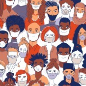 An illustration of many different people wearing face masks.
