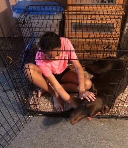 Kylie and Kaiser - girl in crate with dog