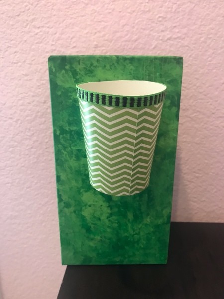 Basketball Toss Game - paper cup with decorative ribbon around the top glued to the tissue box