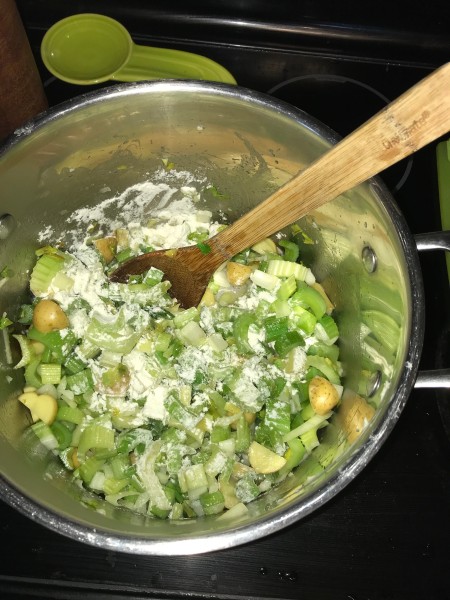 The soup pot with vegetables and blue cheese added.