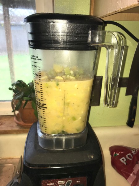 The cooked soup in a blender