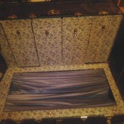 Value of an Antique Indestructo Steamer Trunk - open trunk with view of drawers and storage area