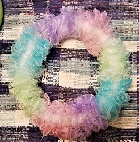 Pretty Recycled Pipe Insulation Spring Pouf Wreath - poofs threaded onto the foam