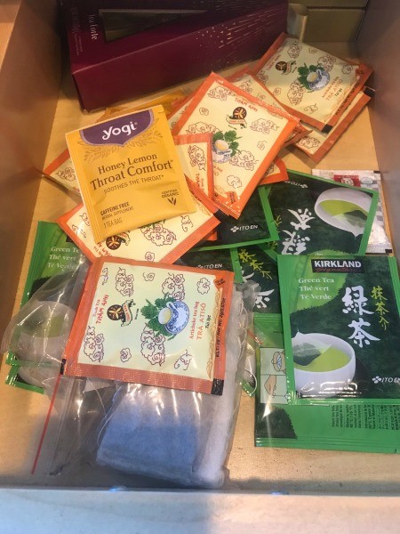 DIY Hot Cup Sleeve Tea Organizer - loose tea bags in a drawer