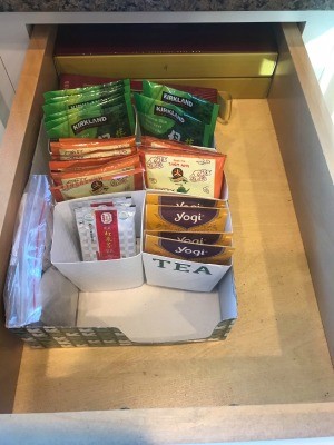 DIY Cup Cup Sleeve Tea Organizer - reorganized drawer