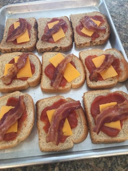 tomato soup, cheese slices & bacon on