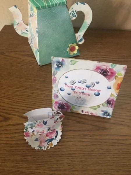Teacup Party Favor Holder - teapot, cup and saucer, and the photo frame made from the top of the tissue box