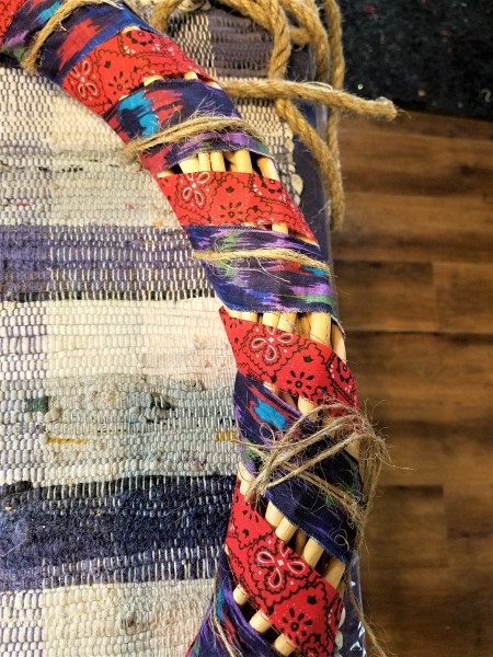 Spring Calving Season Cowboy/Cowgirl Wreath - closeup of the wreath with bandana fabric, multicolored western shirt fabric, and twine wrapped around it