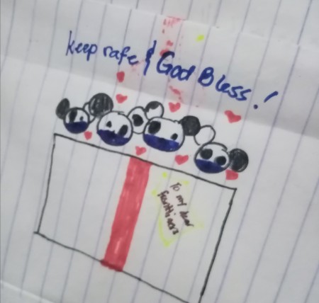 Message Box for the Frontliners (COVID19) - open the top fold and add drawings of characters and message, pandas with face masks