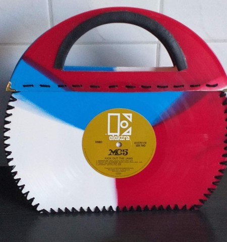 Bag Made from Coloured Vinyl Records - bag/purse made from three vinyl records, in red, white, and blue