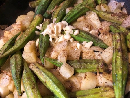garlic added to Okra and Potatoes