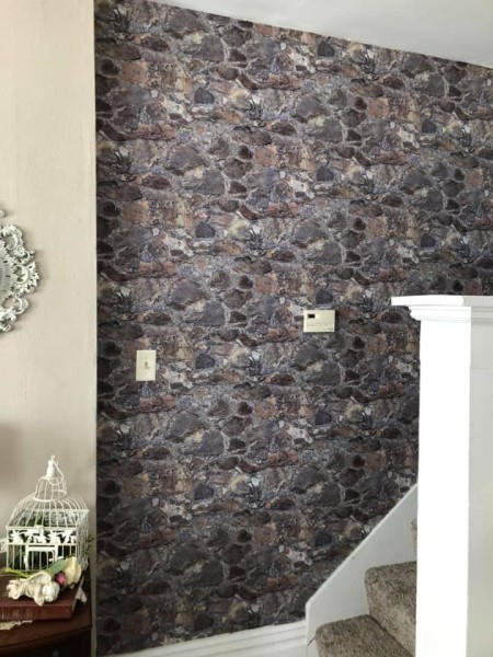 Discontinued York Wallpaper - stonewall motif wallpaper on stair wall