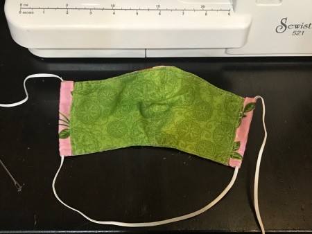 Non-Pleated Face Mask -elastic pulled through both channels, ends still loose, check fit and tie as before