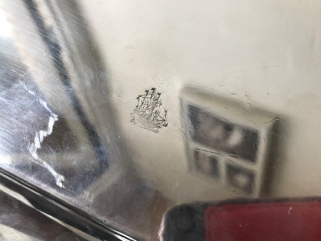 Identifying an Old English Silver or Silverplate Tray - three masted ship mark on back of the tray