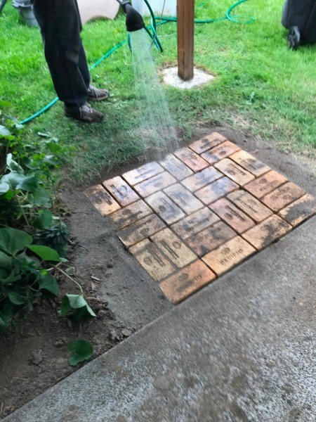 Washing off the bricks with a gentle shower.