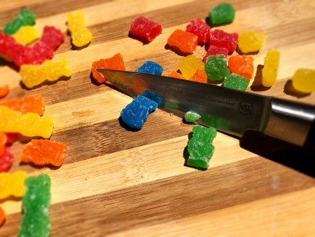 cutting Sour Gummy pieces