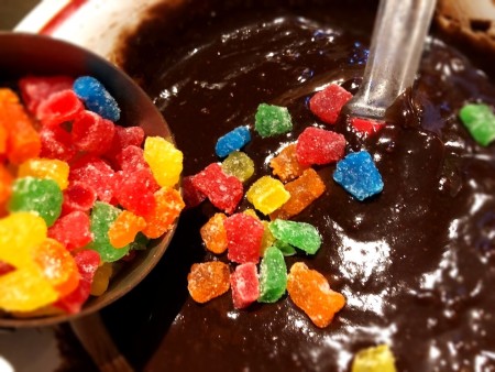 adding Sour Gummy pieces to Brownie batter