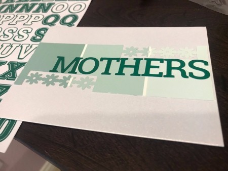 Simple Paint Chip Mother's Day Cards - green stickers spelling out Mothers