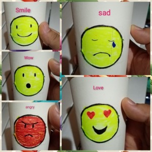 Making an Emoji Cup Toy - collage of 5 different emoji faces labeled: smile, wow, angry, sad, and love