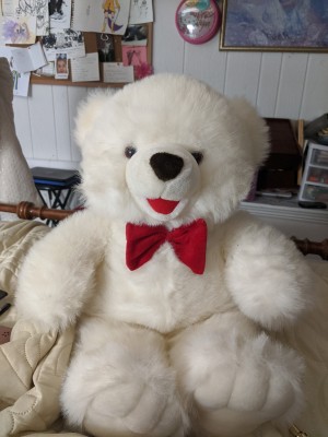 Does Anyone Recognize this Stuffed Bear? - white bear with red bow tie