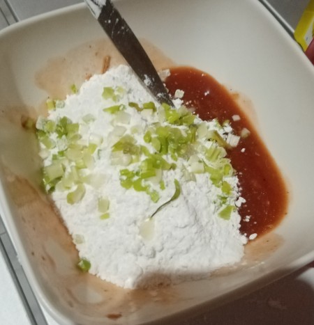 mixing Sardine & Sausage batter