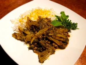 Celery and Herb Stew on plate with rice