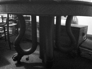 Identifying an Antique Table - black and white photo of the unique legs on this table