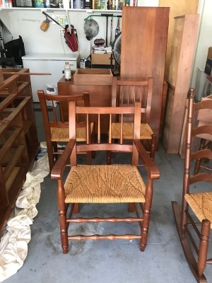 Value of Vintage Cherry Dining Chairs and Rocker - chairs and rocker in garage