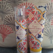 A perfume bottle and matching body lotion.