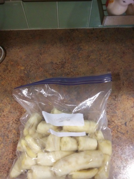 Banana chunks in a ziptop bag, for freezing.