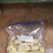 Banana chunks in a ziptop bag, for freezing.