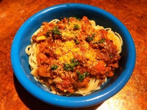 Creamy Sausage Spaghetti Bolognese in bowl