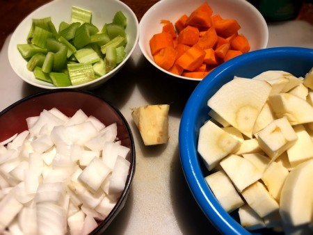 Chopped vegetables for Creamy Ginger Parsnip Soup.