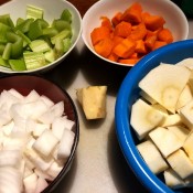 Chopped vegetables for Creamy Ginger Parsnip Soup.